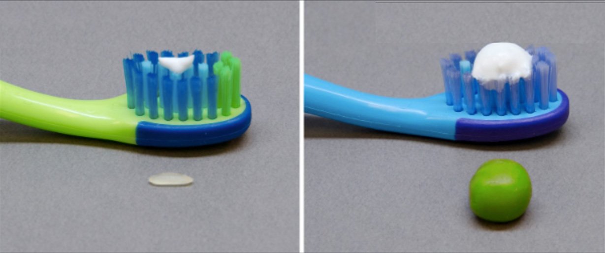 Toothbrush with grain of rice sized amount of toothpaste next to toothbrush with pea sized amount of toothpaste